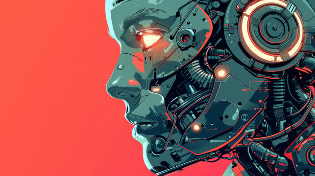 2D closeup of a mysterious retrofuturistic robotic design embroiled in scifi technology theft