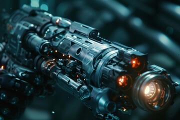 Fototapeta premium A dark closeup 3D depiction of a robotic bullet emphasizing its details and scifi theme