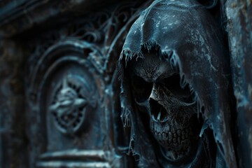 A dark closeup 3D scene featuring a skull and reaper evoking a mysterious hellish setting - obrazy, fototapety, plakaty