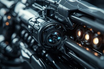 A dark closeup 3D depiction of a robotic bullet emphasizing its details and scifi theme