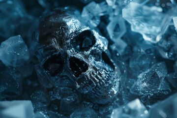 A dark closeup 3D scene featuring an icy skull evoking a mysterious crystalline setting