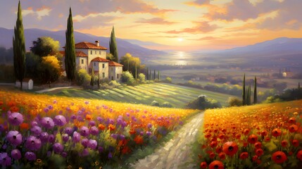 Panoramic view of Tuscany landscape with sunflowers