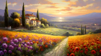 Küchenrückwand glas motiv Panoramic view of Tuscany landscape with sunflowers © Iman