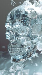 Detailed 3D depiction of a skull made of ice creating a mysterious crystalline atmosphere