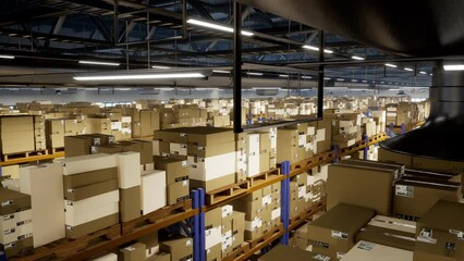 Huge storage facility having wholesale packages in boxes, retail merchandise on industrial racks with order stamps and labels. Warehouse with logistical import export system. 3d render animation.