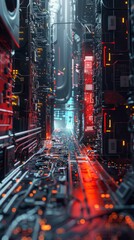 Detailed cybernetic cryptographic circuit 3D and lightemitting in a mysterious cyberpunk world