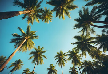Fototapeta na wymiar Tropical palm trees against a clear blue sky, low angle view.