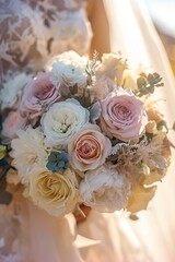Soft-hued bridal bouquet in sunlight, perfect for wedding floristry. 