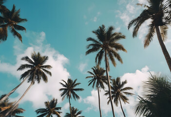 Fototapeta na wymiar Tropical palm trees against a clear blue sky with fluffy clouds, conveying a serene vacation vibe.