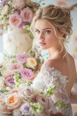 Bride with floral backdrop, a vision for wedding photography. AI Generated.