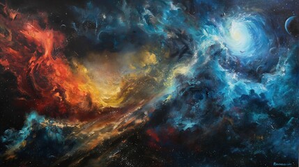 Cascading waves of vibrant energy intersecting, giving rise to a captivating interplay of light and shadow on a cosmic canvas.