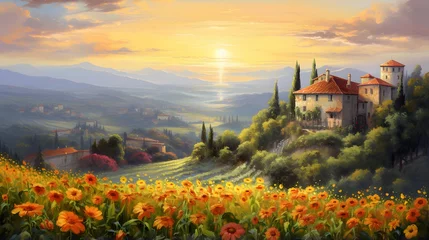 Fotobehang Panoramic view of Tuscany with sunflowers at sunset © Iman