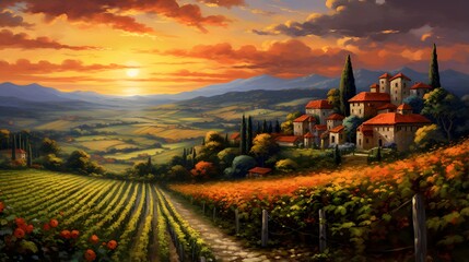 Panoramic view of the Tuscan countryside at sunset, Italy