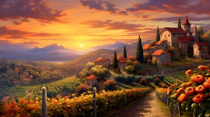 Panoramic view of the Tuscany at sunset, Italy