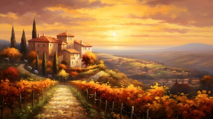 Panoramic view of Tuscany at sunset with vineyards