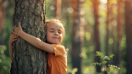 young kid hugging a tree in the forest