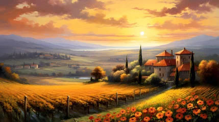 Türaufkleber Panoramic view of Tuscany with sunflowers at sunset © Iman