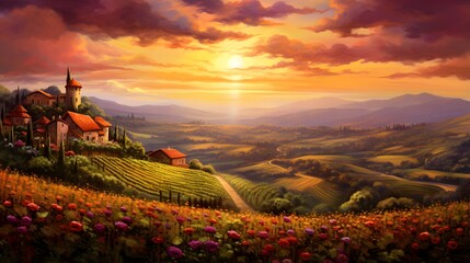 Panoramic view of sunrise over vineyards in Tuscany, Italy