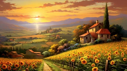 Fototapeten Sunflower field in Tuscany, Italy, panoramic view © Iman