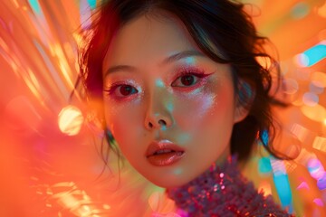 Vibrant Portrait of Young Woman with Glitter Makeup and Colorful Neon Lights Background