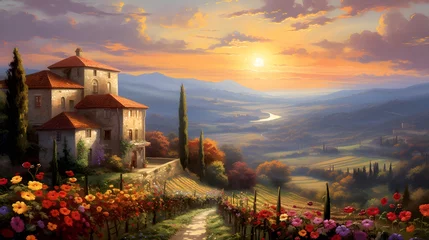Fototapete Panoramic view of Tuscany in Italy at sunset. © Iman