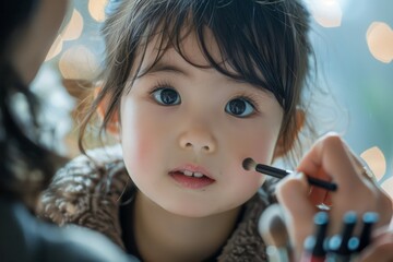 Close-up Portrait of a Cute Child Getting Makeup Applied Gently Under Bright Lights