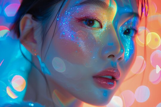 Close-up Portrait of Young Woman with Glitter Makeup and Colorful Bokeh Lights