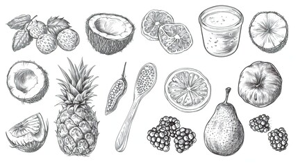 detailed sketch of assorted fruits and a glass of smoothie.  - 751141414
