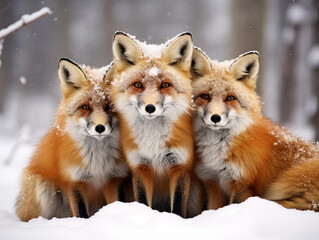 group of foxs in the snow