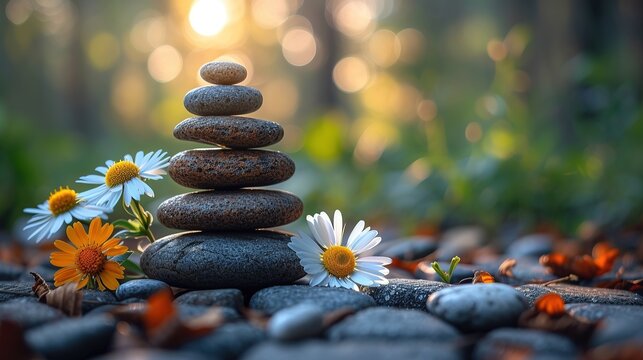 Stacked stones among flowers symbolize tranquility and harmony. Suitable for wellness and meditation spaces.  a concept of balance.