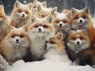 group of foxs in the snow