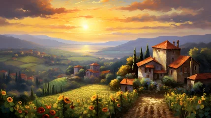 Fotobehang Panoramic view of the Tuscan landscape at sunset, Italy © Iman