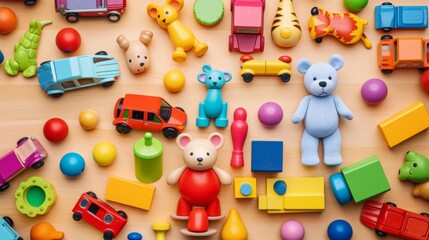 Obraz premium Baby kids toys frame on background, Toy many colorful educational wooden. play, Top view, executive function, kid, skill, education, intelligence quotient, emotional quotient, childhood, development