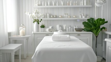 Beautiful spa elements on the massage table in the wellness center. Massage on light wooden background. blur living room, natural creams and moisturizing Healthy lifestyle