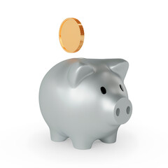 Silver piggy bank with a gold coin. 3D rendering.