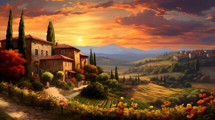 Beautiful panoramic landscape of Tuscany at sunset, Italy - obrazy, fototapety, plakaty