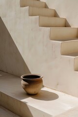 Minimalist stairs with rustic pottery, suitable for interior design inspiration. 