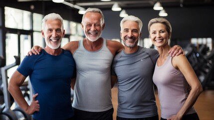 Fototapeta na wymiar Smiling group older of friends in sportswear laughing together while standing arm in arm in a gym after a workout, senior, healthy, friendship, adult, exercising, together, lifestyles