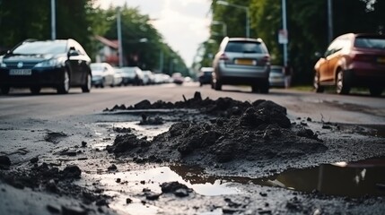Fototapeta premium car wheels running and closed up Very bad quality street with potholes. have tree. Damaged asphalt pavement road with potholes in city, dangerous, broken, garage