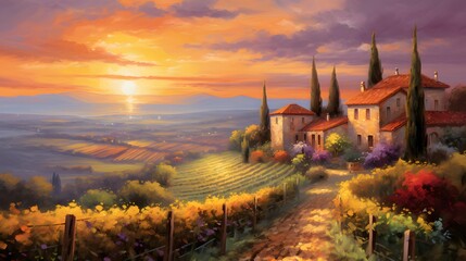 panoramic view of Tuscany at sunset with vineyards - obrazy, fototapety, plakaty