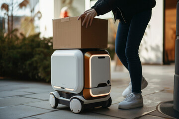 Mini delivery robot: a compact marvel of technological innovation, revolutionizing logistics last-mile delivery with efficiency, convenience, autonomous mobility for a smarter and streamlined future - obrazy, fototapety, plakaty