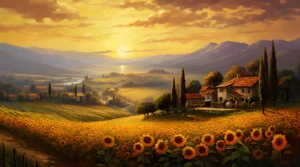 Tuinposter Sunflower field in Tuscany, Italy. Digital painting. © Iman