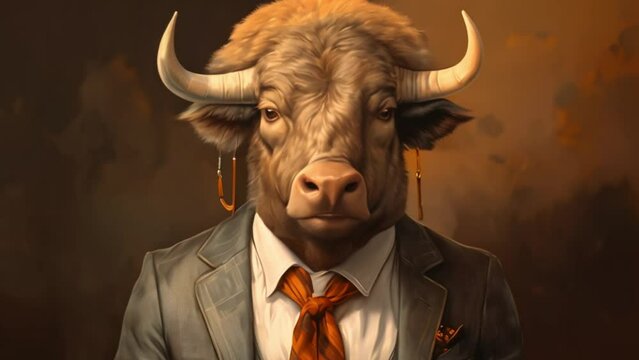 video of a bull wearing a suit