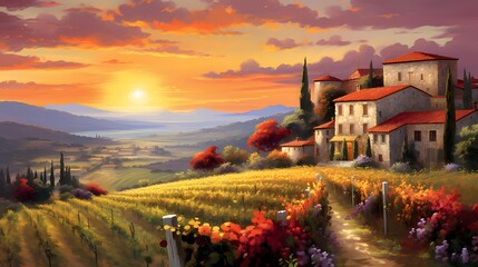 panoramic view of Tuscany at sunset with vineyard
