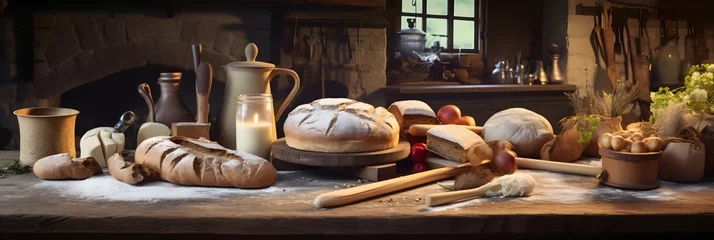 Photo sur Plexiglas Pain The joy and warmth of traditional home baking: From ingredients to fresh bread on a wooden table
