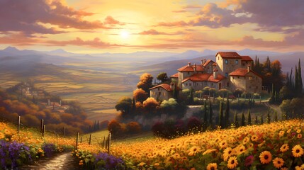 Panoramic view of Tuscan countryside with sunflowers at sunrise