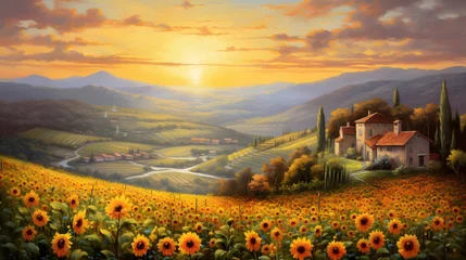 Cercles muraux Toscane Sunflowers in Tuscany, Italy. Digital painting.