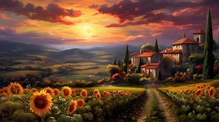 Zelfklevend Fotobehang Panoramic view of a sunflower field in Tuscany © Iman