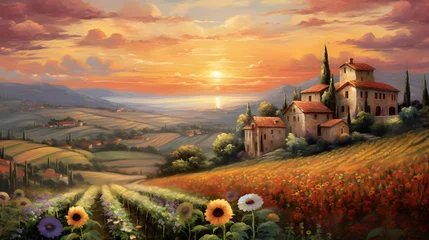 Fototapeten Panoramic landscape of Tuscany with sunflowers at sunset © Iman