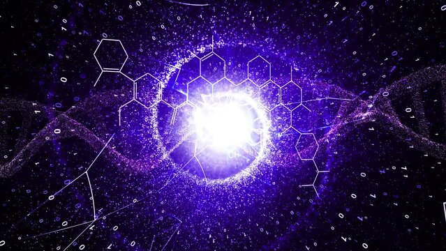 Dna chain and abstract chemical hexagon bonds animation background.